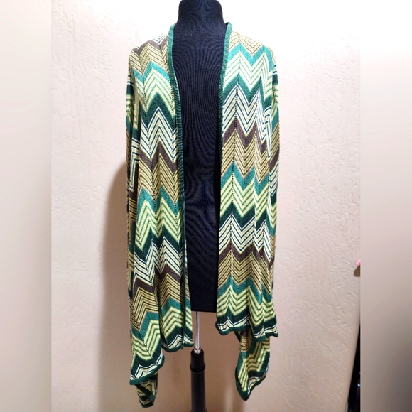 BCBG Maxaria Zig Zag Chevron Green Brown Silk Blend Open Cardigan S NWOT - Picture 1 of 6